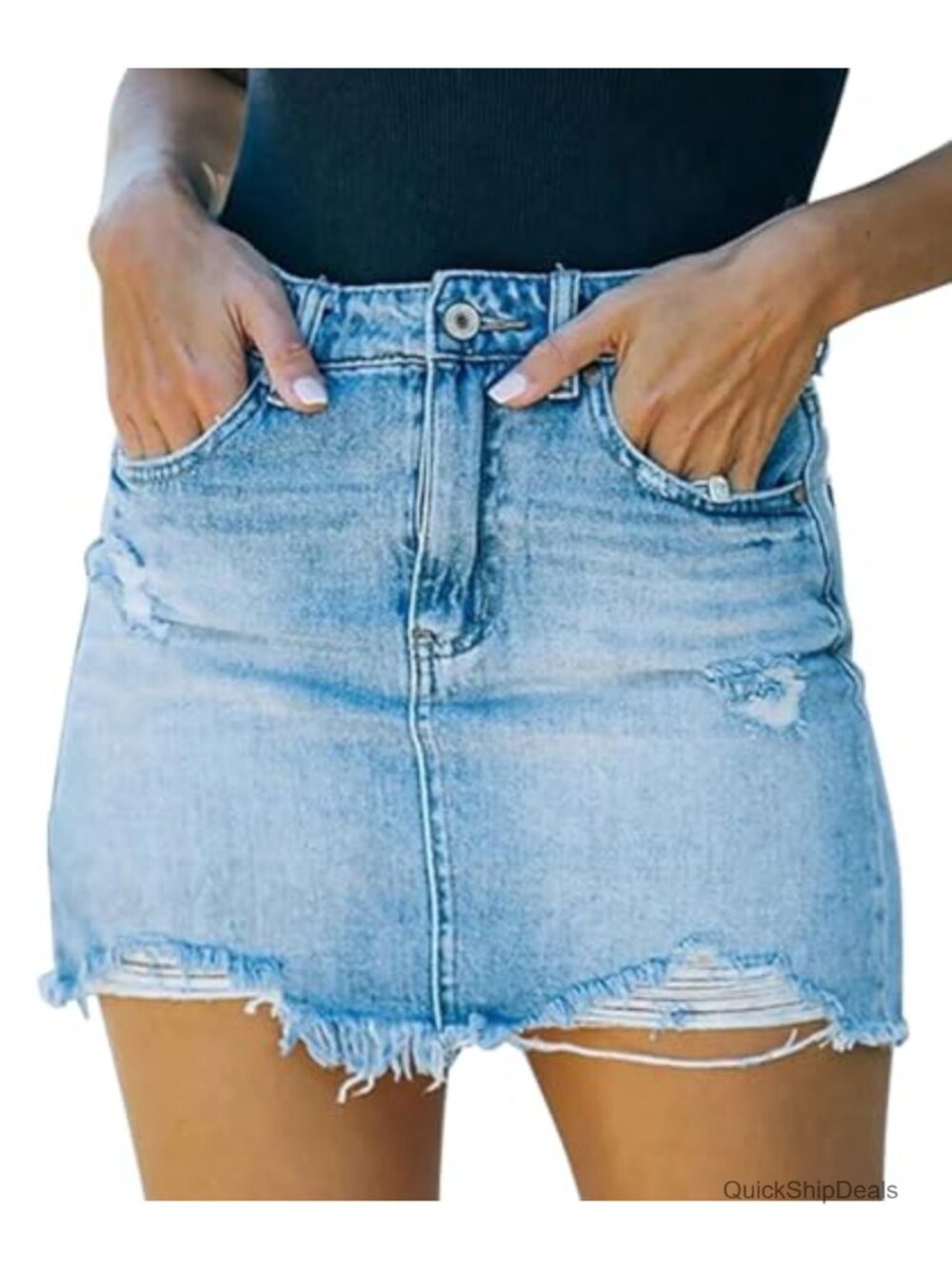 Mid Rise Zipper Closure Ripped Mini Denim Skirt Pencil Fit